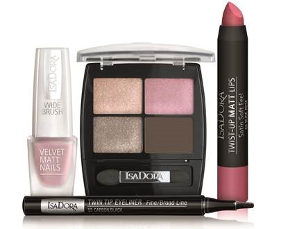 Isadora; group; Matt Lip;Twist-Up Lip; Twist-UpLip; Twist-UpMattLips; TwistUpMattLips; 1218 Twist-Up Matt Lips 69 Nude Rose; 69NudeRose; 7317851218694; Pink; 220VelvetMattNails; 220 Velvet Matt Nails; 829PinkSugar; 829 Pink Sugar; 7317852208298; Matte; Frost; pink; TwinTipEyeliner; Twin Tip Eyeliner; FineBroadLine; Fine Broad Line; 112852; 52CarbonBlack; 52 Carbon Black; 7317851128528; Eyeshadow; Nude; Brown; Pink; 212505; 2125EyeShadowQuartet; 2125 Eye Shadow Quartet 05 Nude Rose; 05NudeRose; 7317852125052; Riviera16