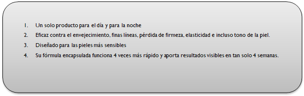 1.	Un solo producto para el d�a y para la noche2.	Eficaz contra el envejecimiento, finas l�neas, p�rdida de firmeza, elasticidad e incluso tono de la piel.3.	Dise�ado para las pieles m�s sensibles 4.	Su f�rmula encapsulada funciona 4 veces m�s r�pido y aporta resultados visibles en tan solo 4 semanas. 